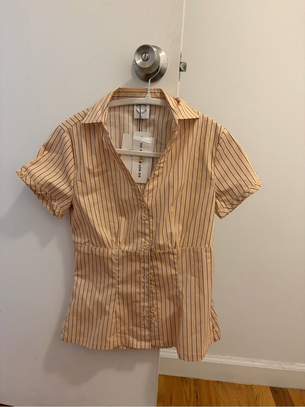 With Jean Beige Button-Up Blouse with Black Pinstripes
